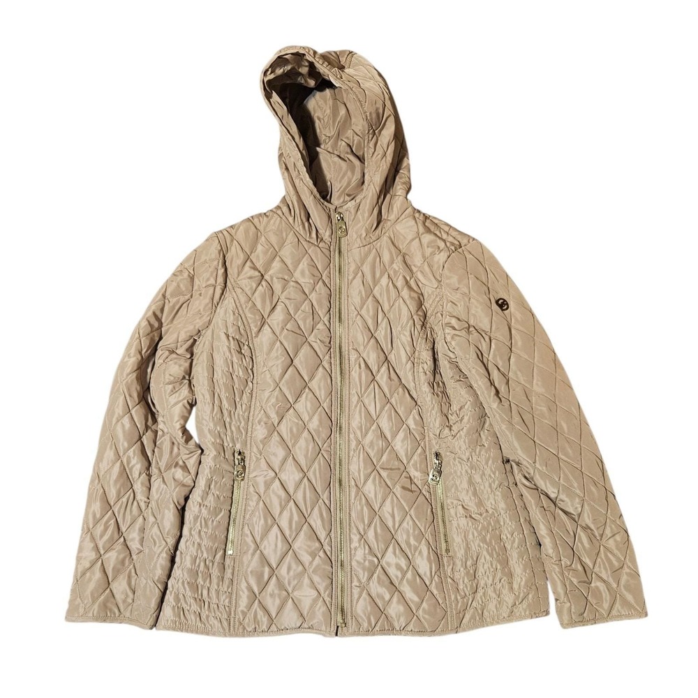 Michael Kors Quilted Puffer Jacket MK Print Lining Full Zip Hooded Down Coat L